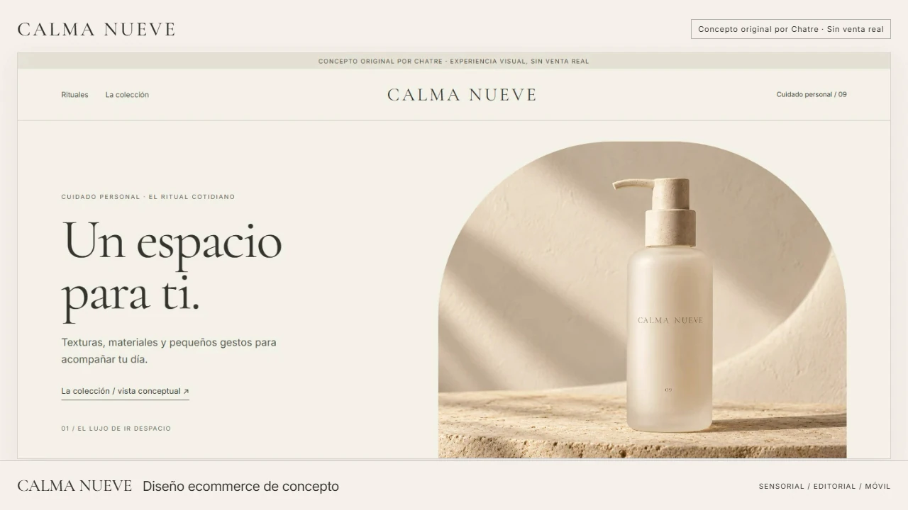 Vista del showcase final Calma Nueve: concepto ecommerce ilustrativo